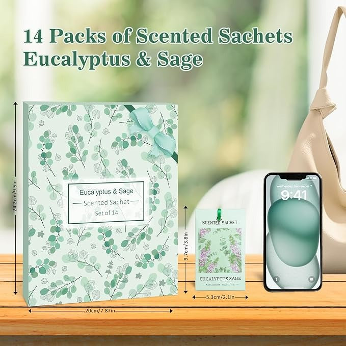 SCENTORINI Sachets for Drawers and Closets, Eucalyptus Sage Sachets Bags, Pack of 14, Home Fragrance Sachet for Wardrobe, Closet, Drawer